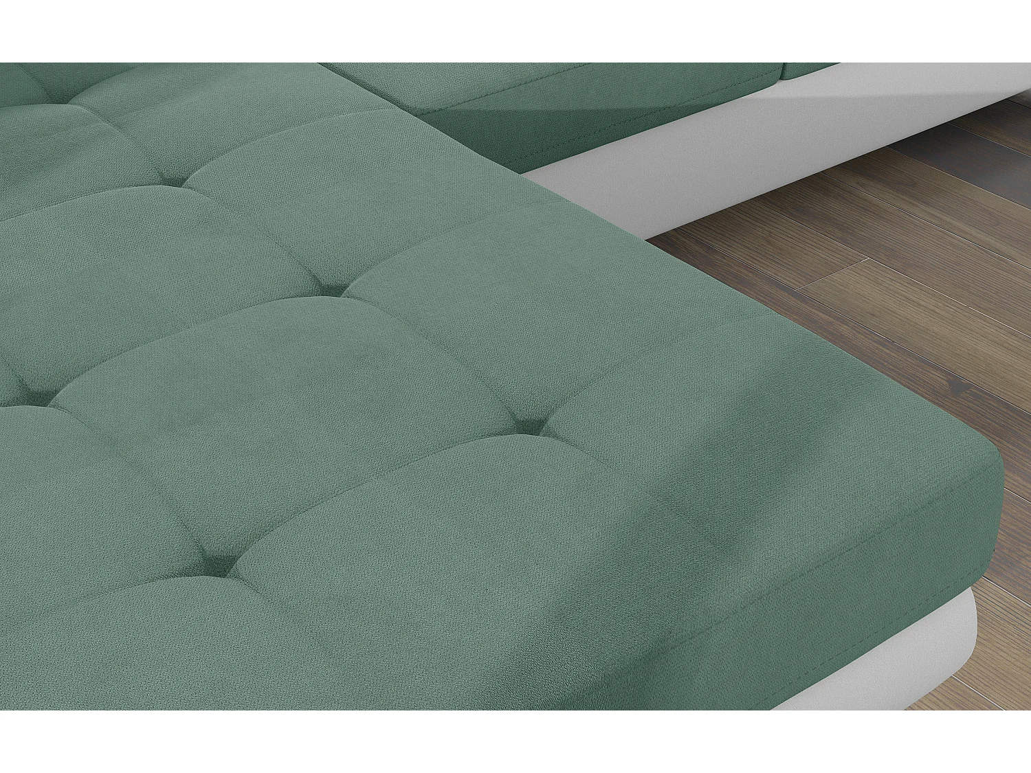 Canapé d'angle convertible appuis-tête réglables KALIZO - Coffre et pieds acier chromé-Blanc/Vert clair-angle gauche