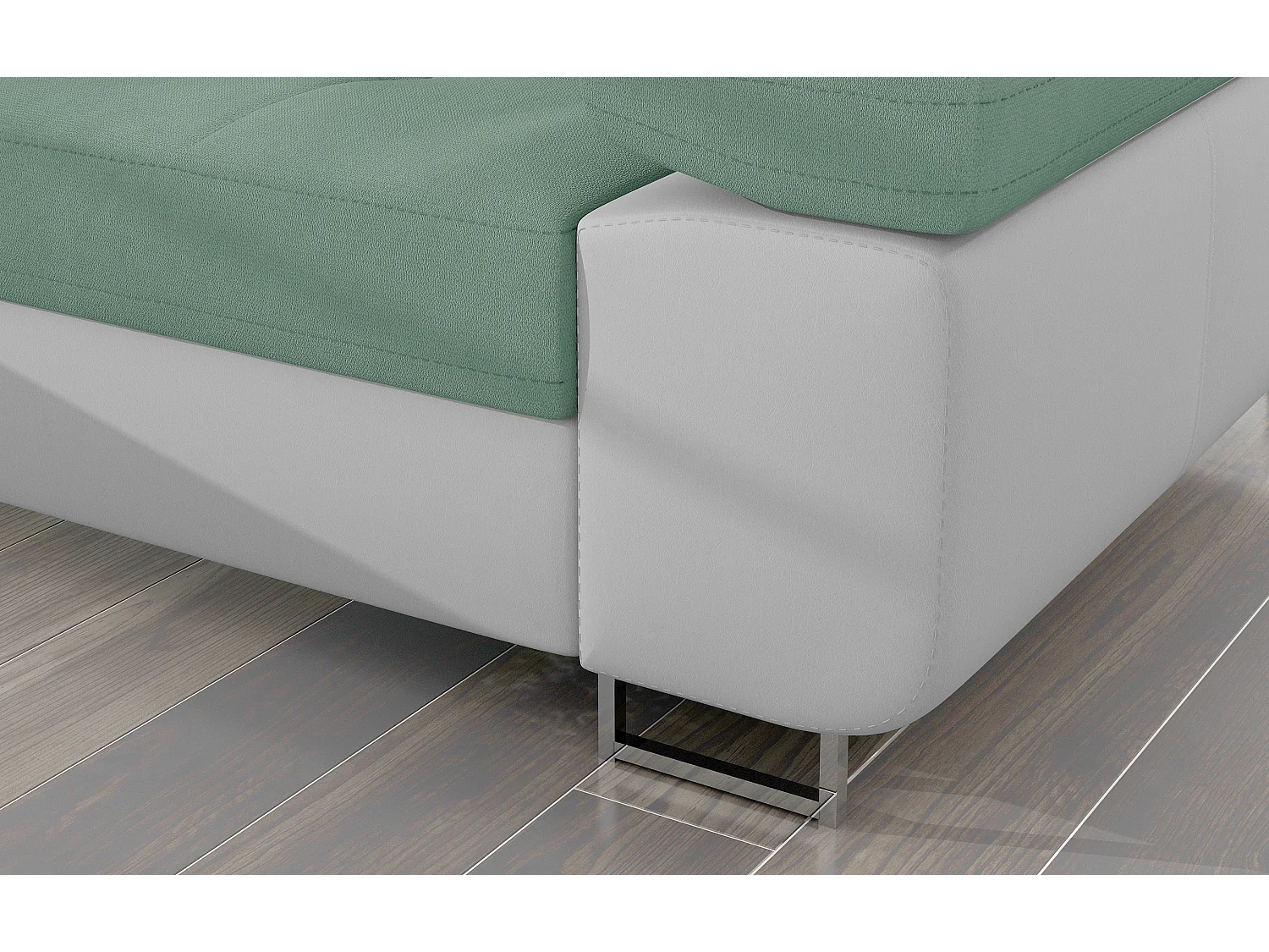 Canapé d'angle convertible appuis-tête réglables KALIZO - Coffre et pieds acier chromé-Blanc/Vert clair-angle gauche