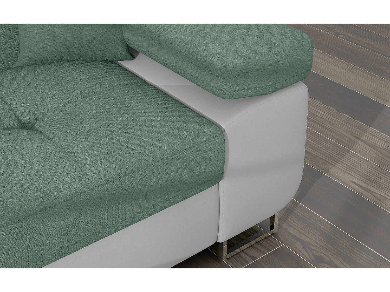 Canapé d'angle convertible appuis-tête réglables KALIZO - Coffre et pieds acier chromé-Blanc/Vert clair-angle gauche