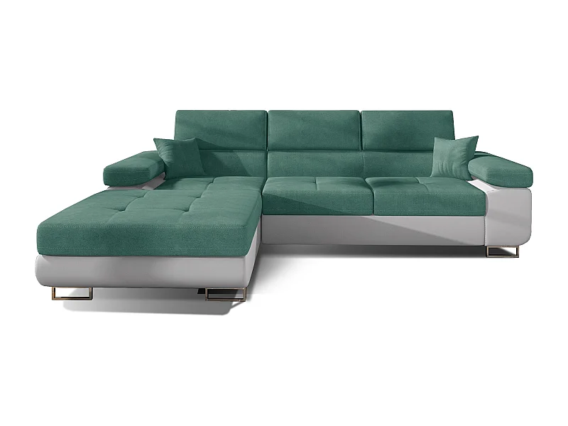 Canapé convertible d'angle gauche tissu vert et simili cuir blanc avec rangement Wile 280cm