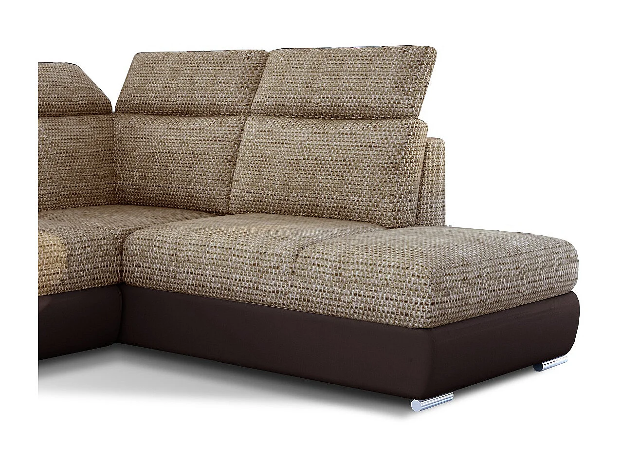 Converteerbare hoekbank rechts in gemêleerde beige stof en bruine imitatie met verstelbare hoofdsteunen Kepita 260 cm