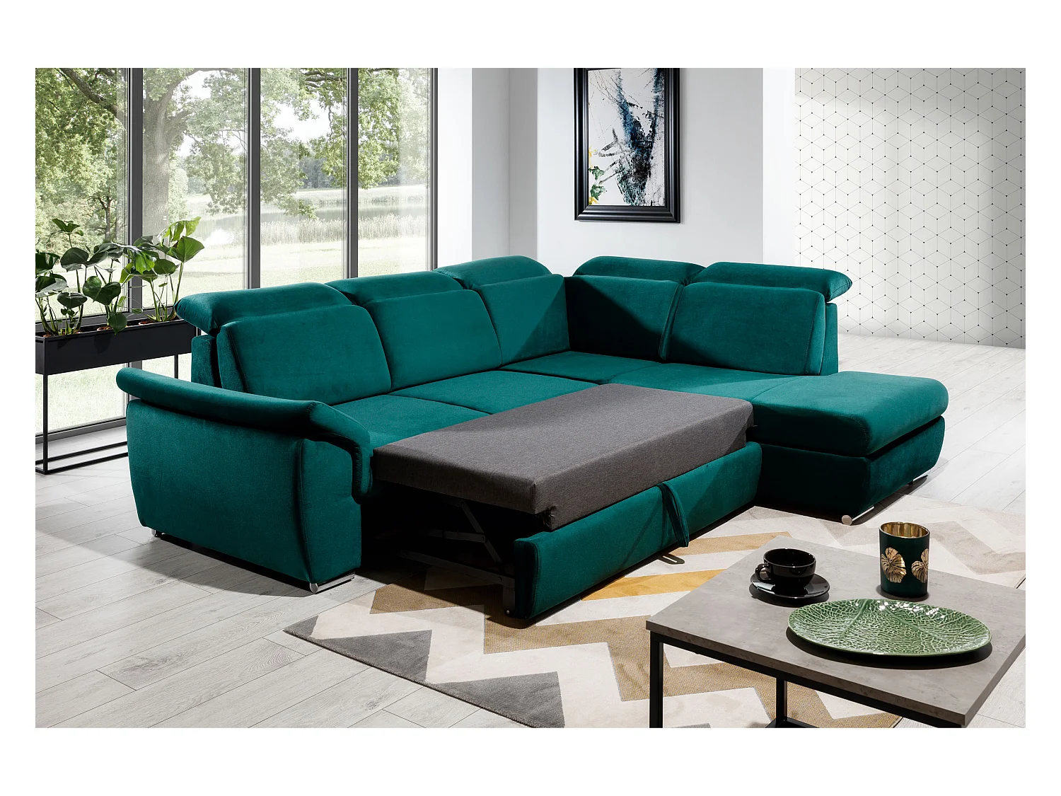 Converteerbare hoekbank rechts in gemêleerde beige stof en bruine imitatie met verstelbare hoofdsteunen Kepita 260 cm