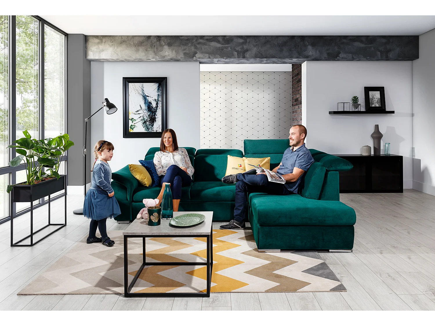 Converteerbare hoekbank rechts in gemêleerde beige stof en bruine imitatie met verstelbare hoofdsteunen Kepita 260 cm