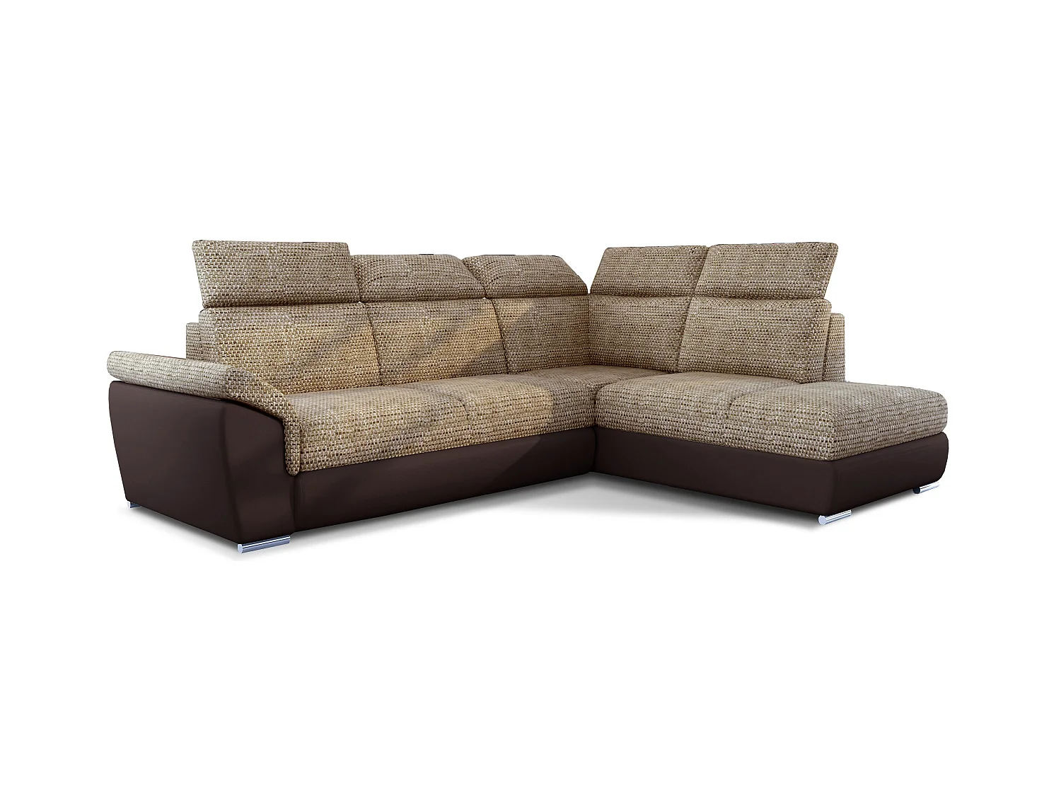 Canapé angle droit convertible tissu beige chiné et simili marron avec appuis-tête réglables Kepita 260cm