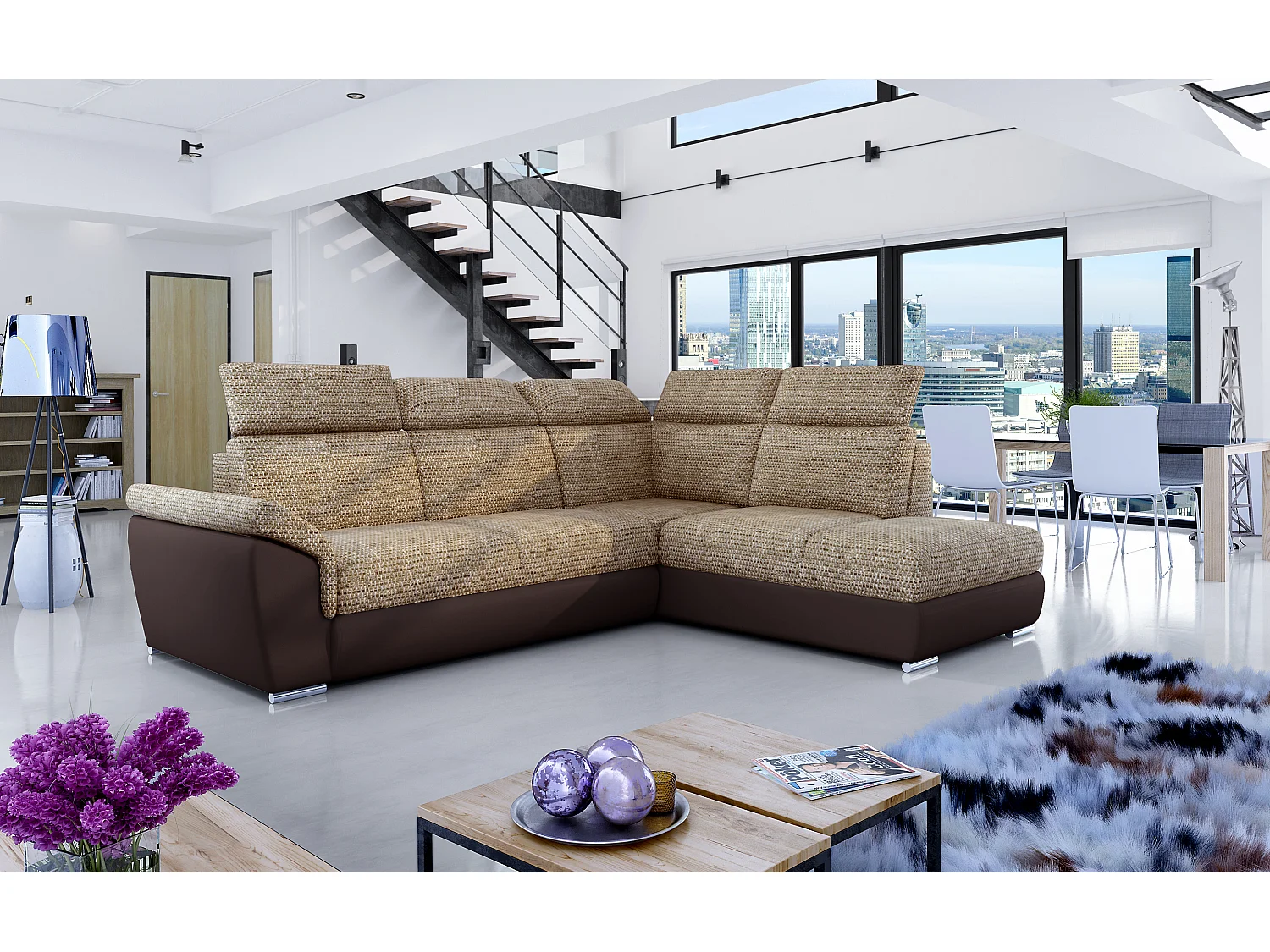 Canapé angle droit convertible tissu beige chiné et simili marron avec appuis-tête réglables Kepita 260cm