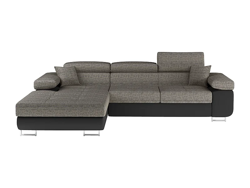 Canapé d'angle convertible Bi matière appuis-tête réglables KALIZO - Coffre et pieds acier chromé-Noir/Gris chiné-angle gauche