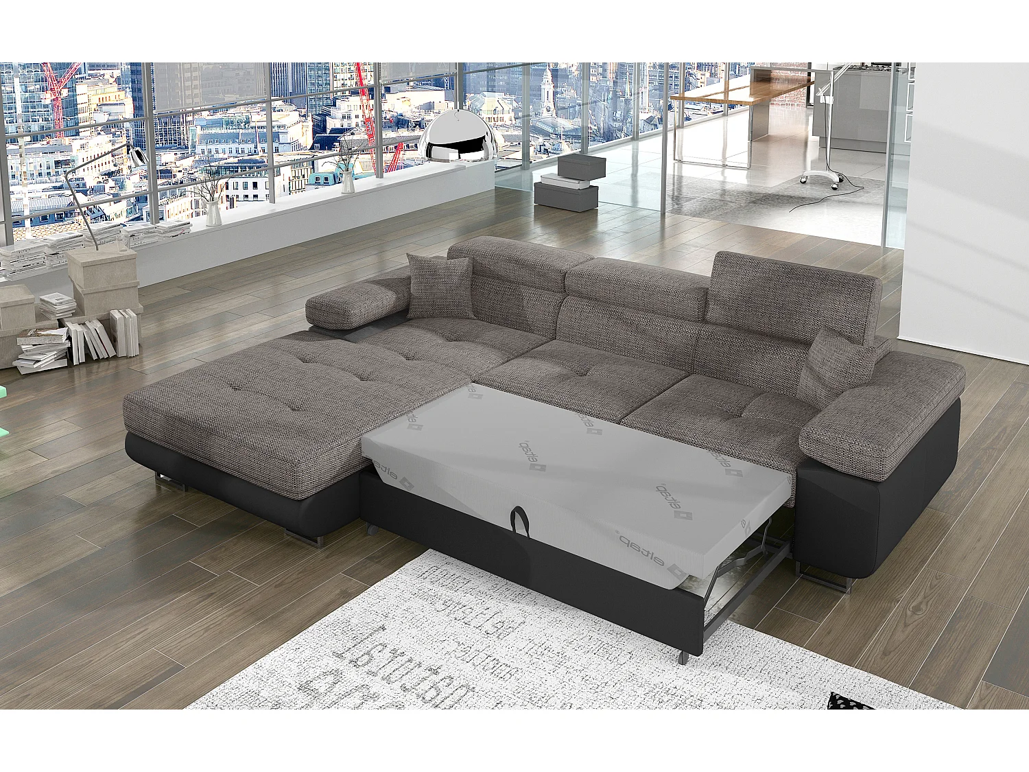 Canapé d'angle convertible Bi matière appuis-tête réglables KALIZO - Coffre et pieds acier chromé-Noir/Gris chiné-angle gauche