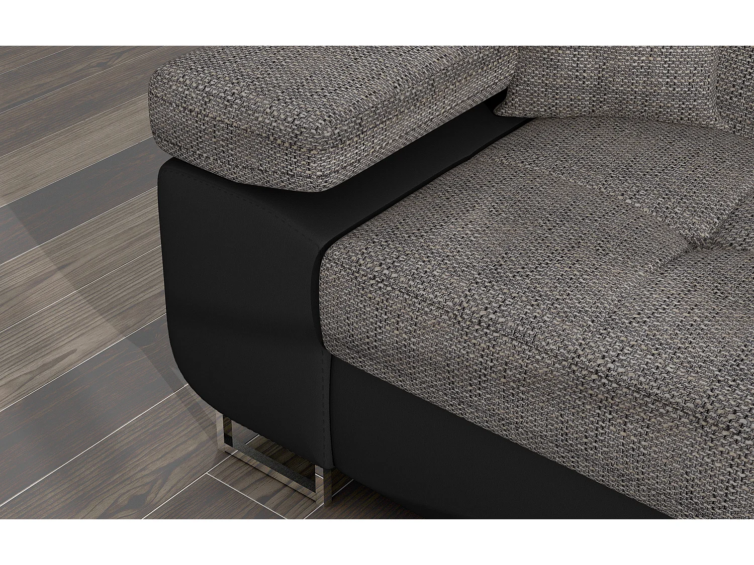 Canapé d'angle convertible Bi matière appuis-tête réglables KALIZO - Coffre et pieds acier chromé-Noir/Gris chiné-angle gauche