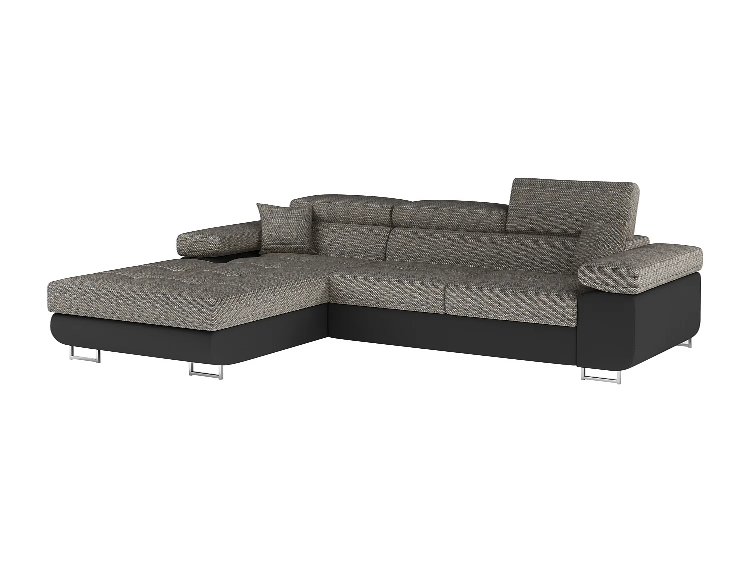 Canapé d'angle convertible Bi matière appuis-tête réglables KALIZO - Coffre et pieds acier chromé-Noir/Gris chiné-angle gauche