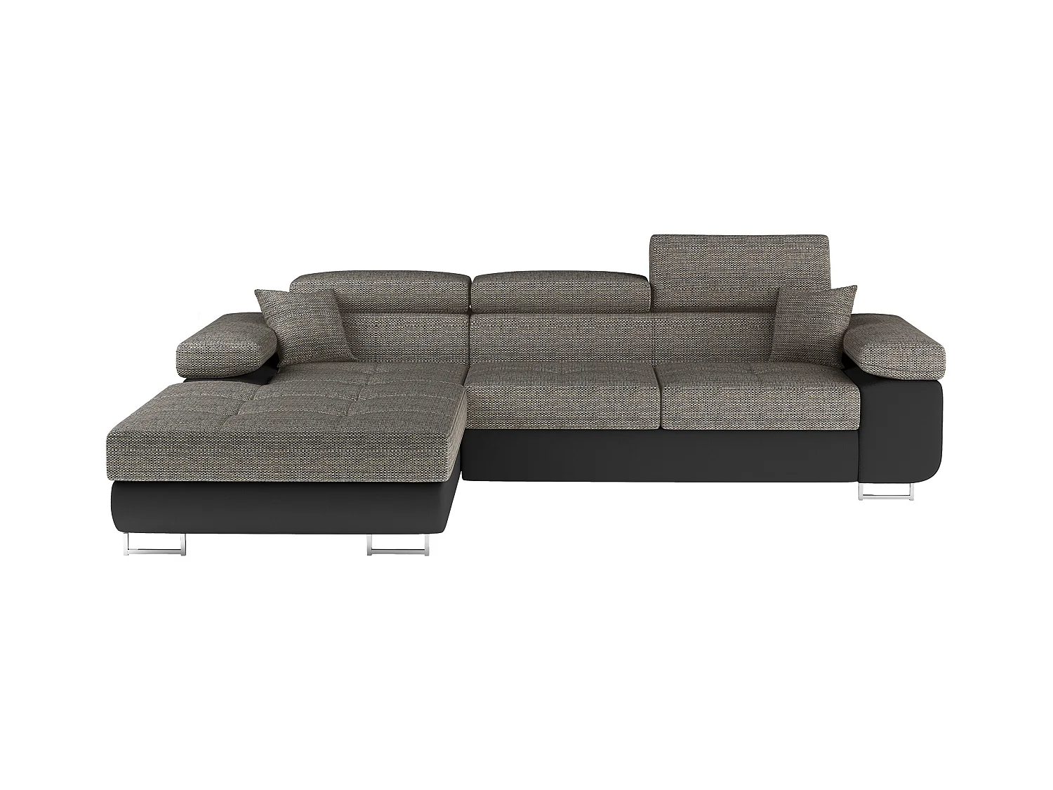 Canapé d'angle convertible Bi matière appuis-tête réglables KALIZO - Coffre et pieds acier chromé-Noir/Gris chiné-angle gauche