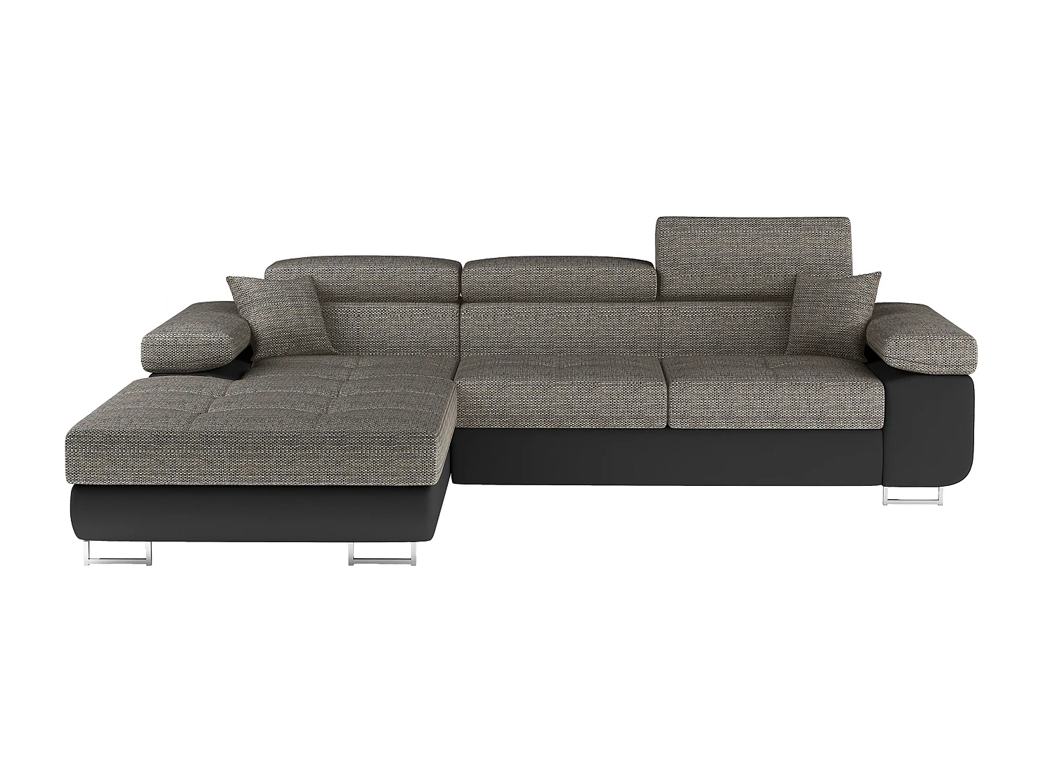 Canapé d'angle convertible Bi matière appuis-tête réglables KALIZO - Coffre et pieds acier chromé-Noir/Gris chiné-angle gauche