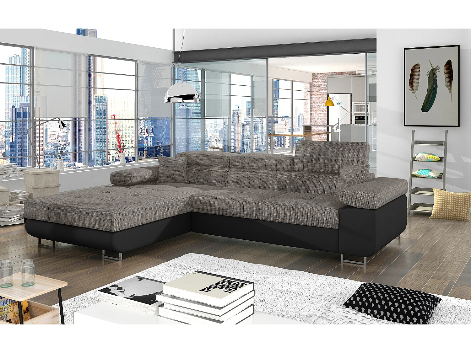 Canapé d'angle convertible Bi matière appuis-tête réglables KALIZO - Coffre et pieds acier chromé-Noir/Gris chiné-angle gauche