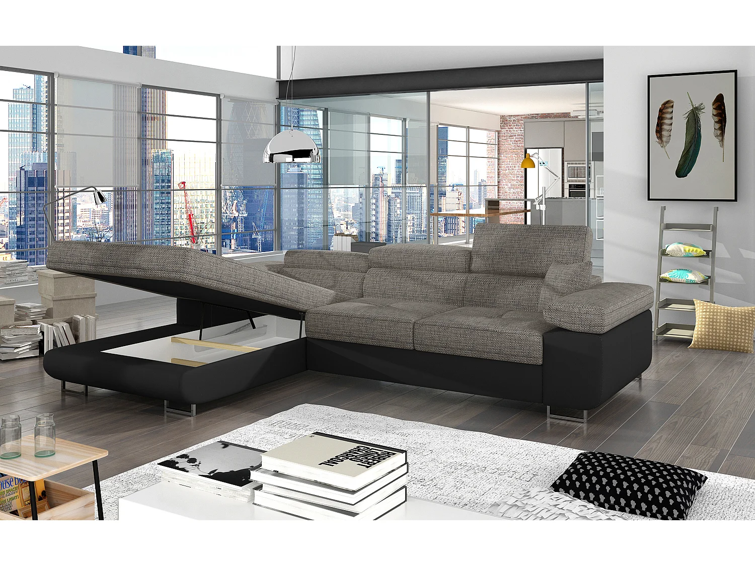 Canapé d'angle convertible Bi matière appuis-tête réglables KALIZO - Coffre et pieds acier chromé-Noir/Gris chiné-angle gauche