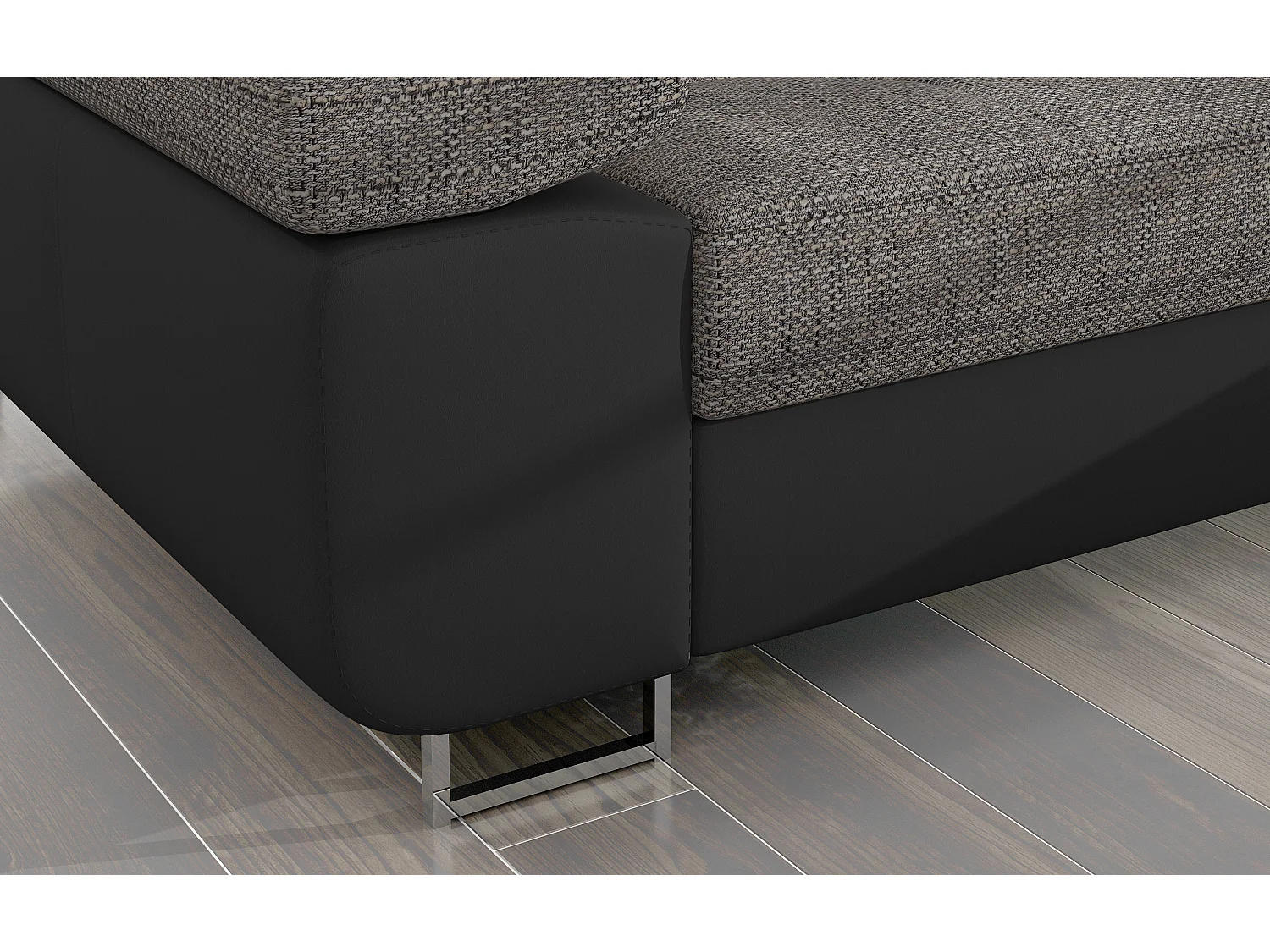 Canapé d'angle convertible Bi matière appuis-tête réglables KALIZO - Coffre et pieds acier chromé-Noir/Gris chiné-angle gauche