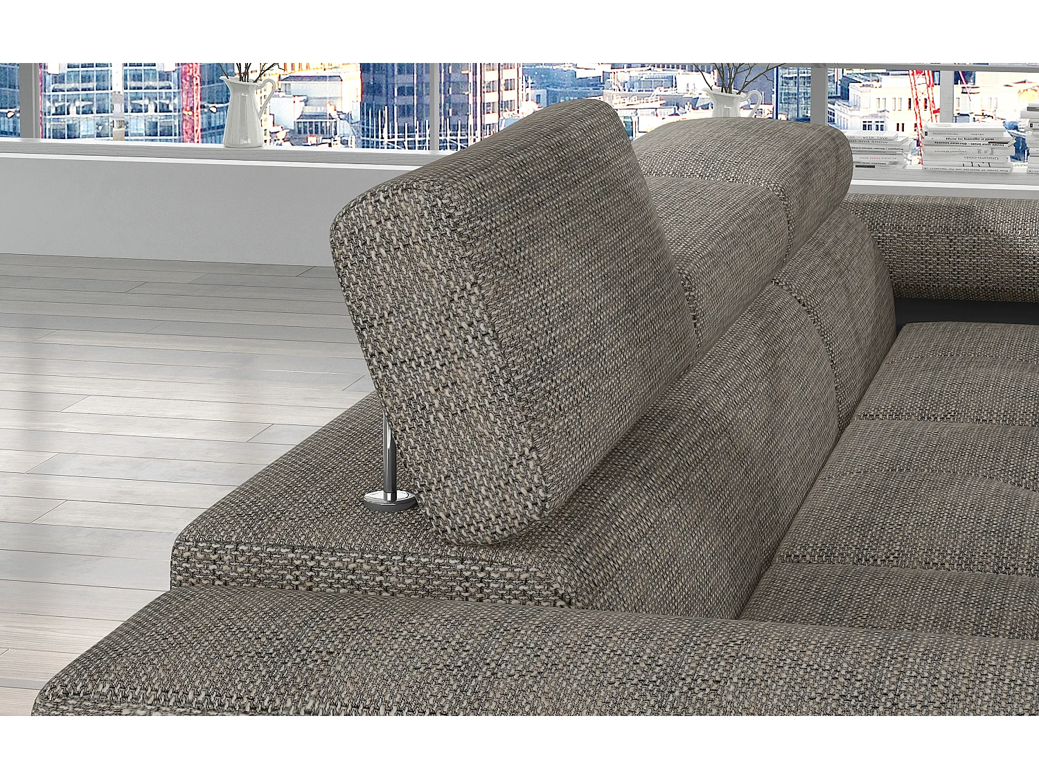 Canapé d'angle convertible Bi matière appuis-tête réglables KALIZO - Coffre et pieds acier chromé-Noir/Gris chiné-angle gauche