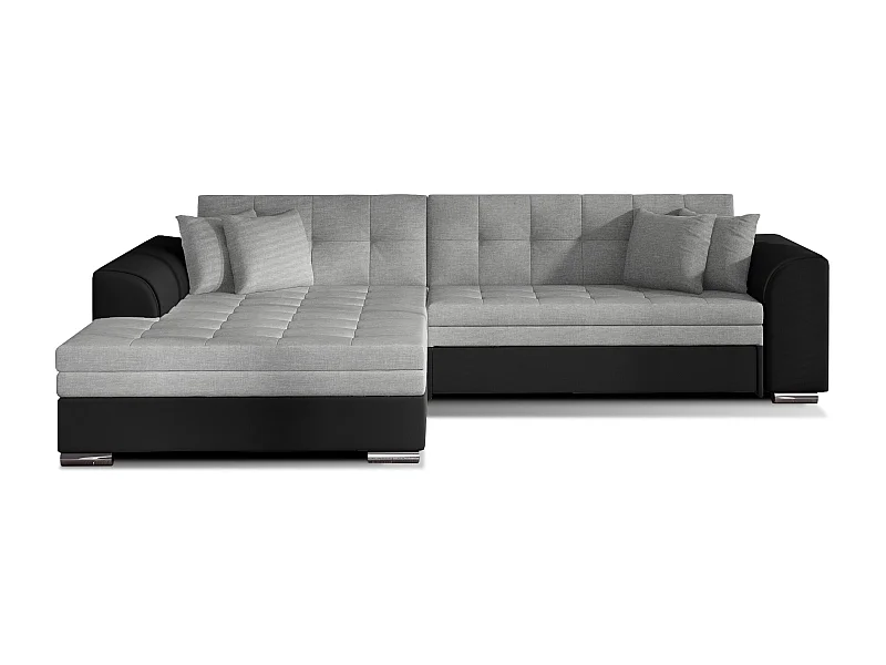 Canapé d'angle gauche convertible 4 places tissu gris clair et simili noir Looka 295cm