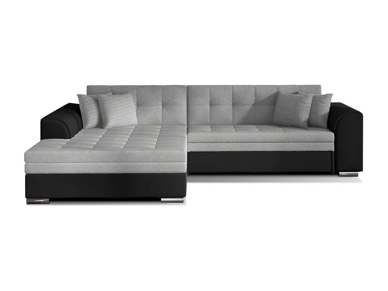 Canapé d'angle gauche convertible 4 places tissu gris clair et simili noir Looka 295cm