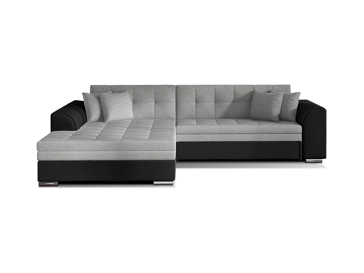Canapé d'angle gauche convertible 4 places tissu gris clair et simili noir Looka 295cm
