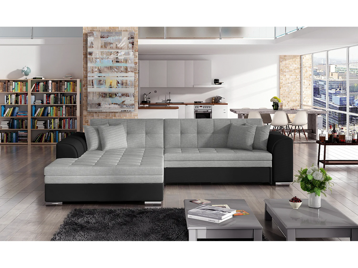 Canapé d'angle gauche convertible 4 places tissu gris clair et simili noir Looka 295cm