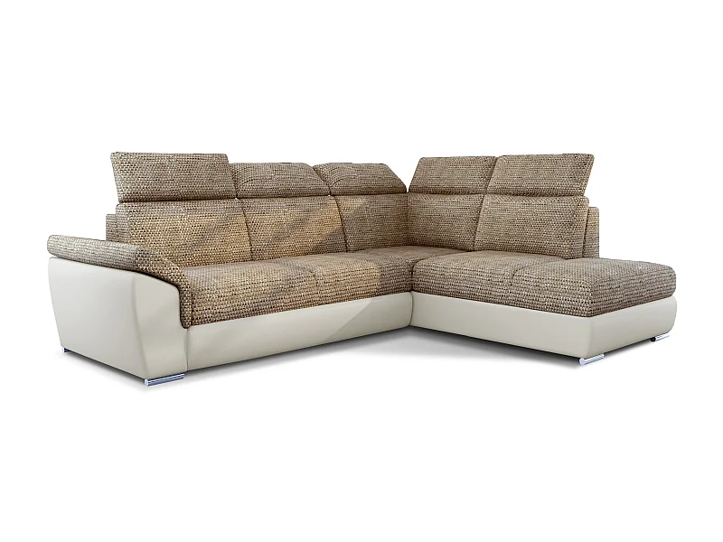 Canapé angle droit convertible tissu beige chiné et simili beige avec appuis-tête réglables Kepita 260cm