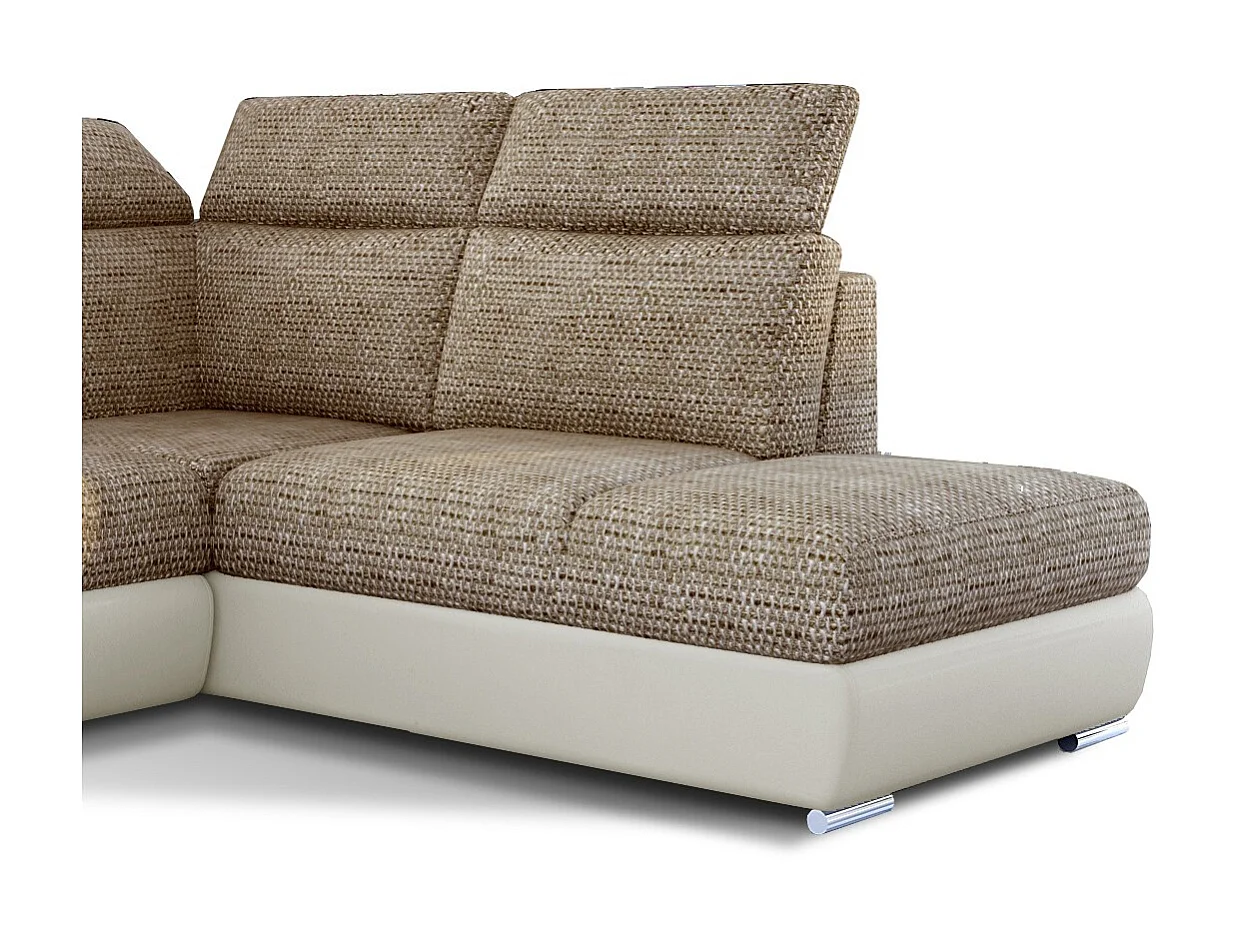 Canapé angle droit convertible tissu beige chiné et simili beige avec appuis-tête réglables Kepita 260cm