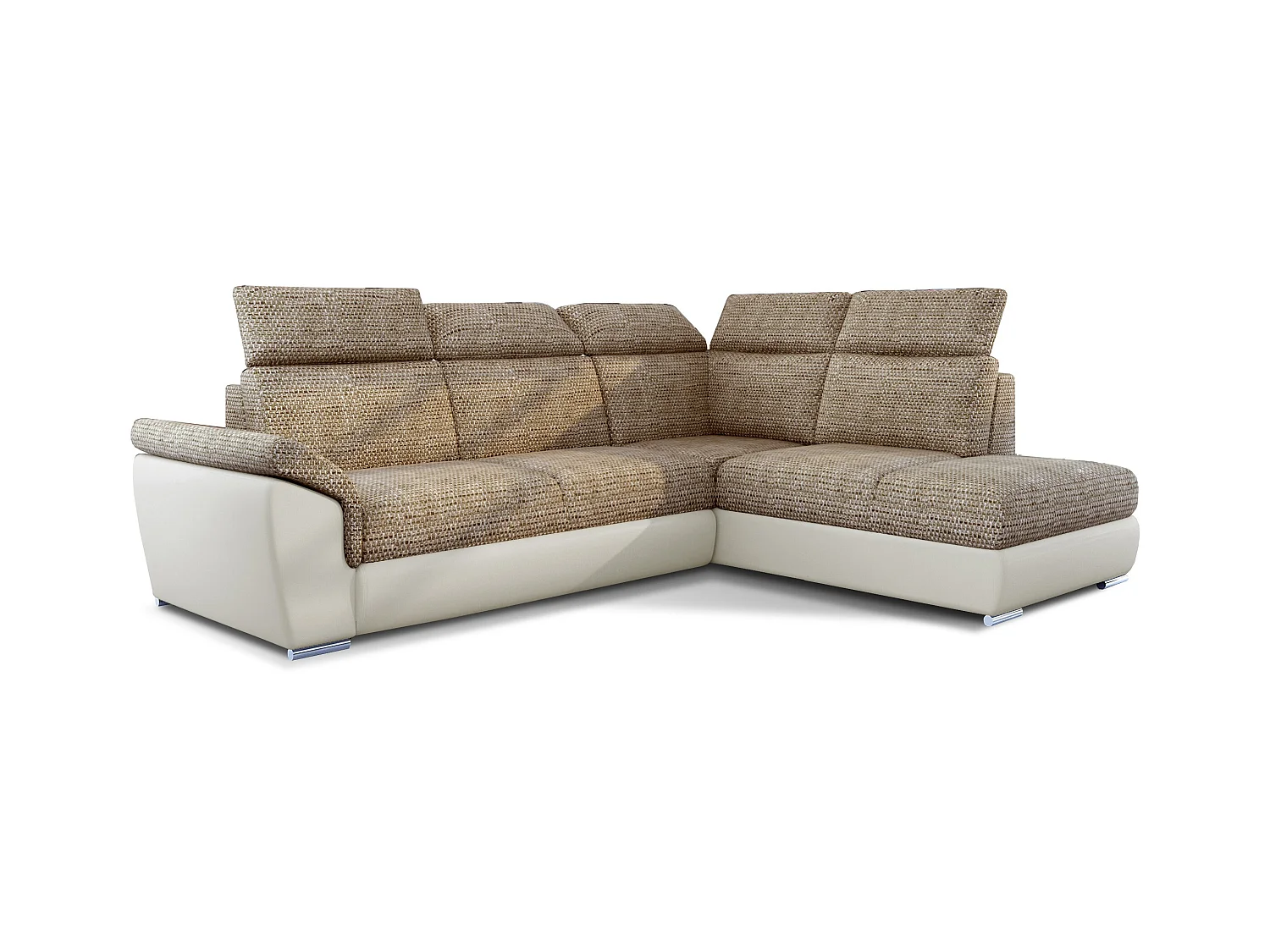 Canapé angle droit convertible tissu beige chiné et simili beige avec appuis-tête réglables Kepita 260cm
