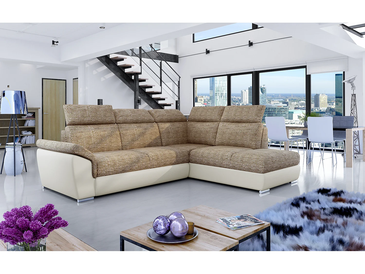 Canapé angle droit convertible tissu beige chiné et simili beige avec appuis-tête réglables Kepita 260cm