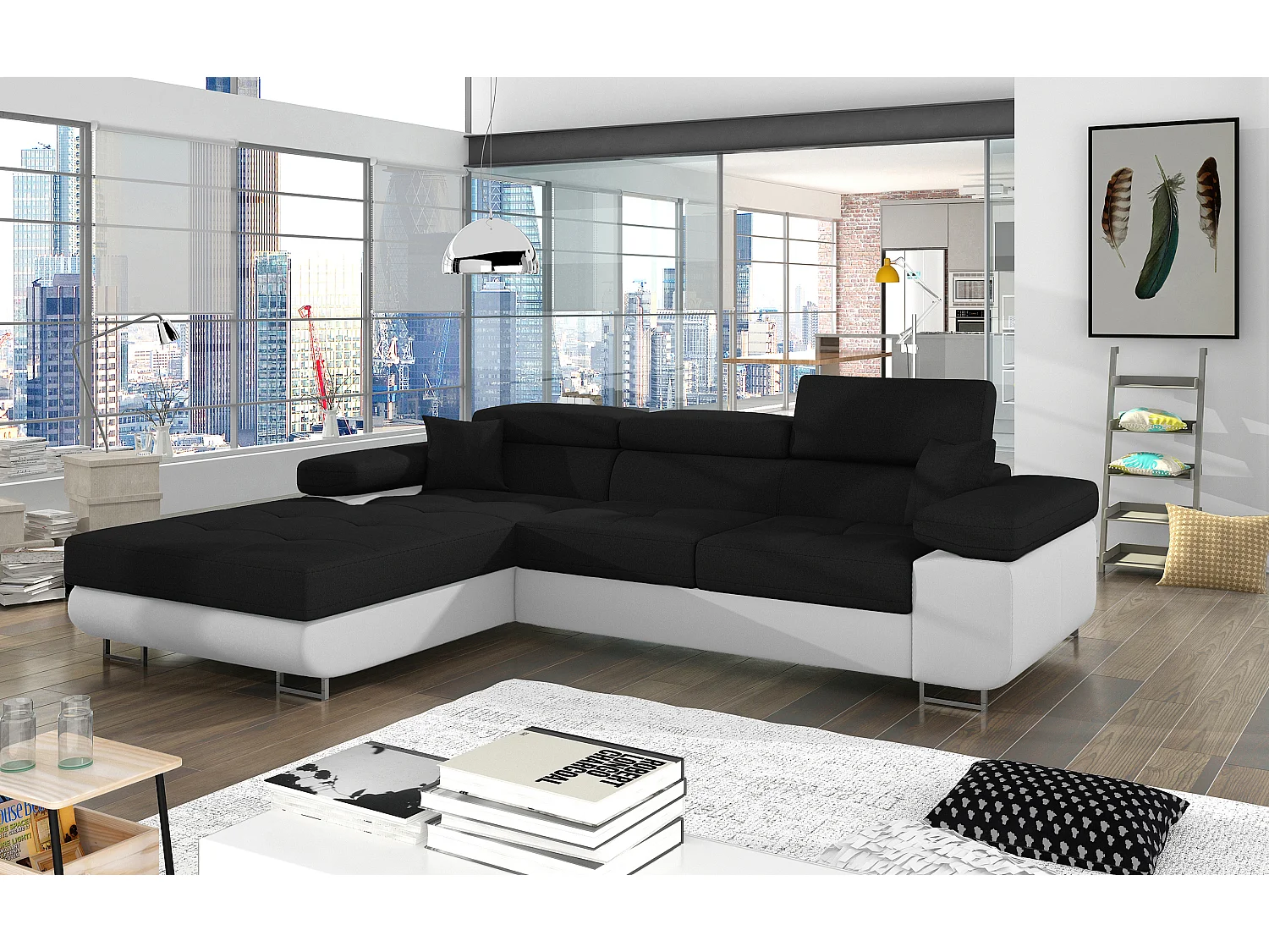 Canapé d'angle convertible Bi matière appuis-tête réglables KALIZO - Coffre et pieds acier chromé-Blanc/Noir-angle gauche