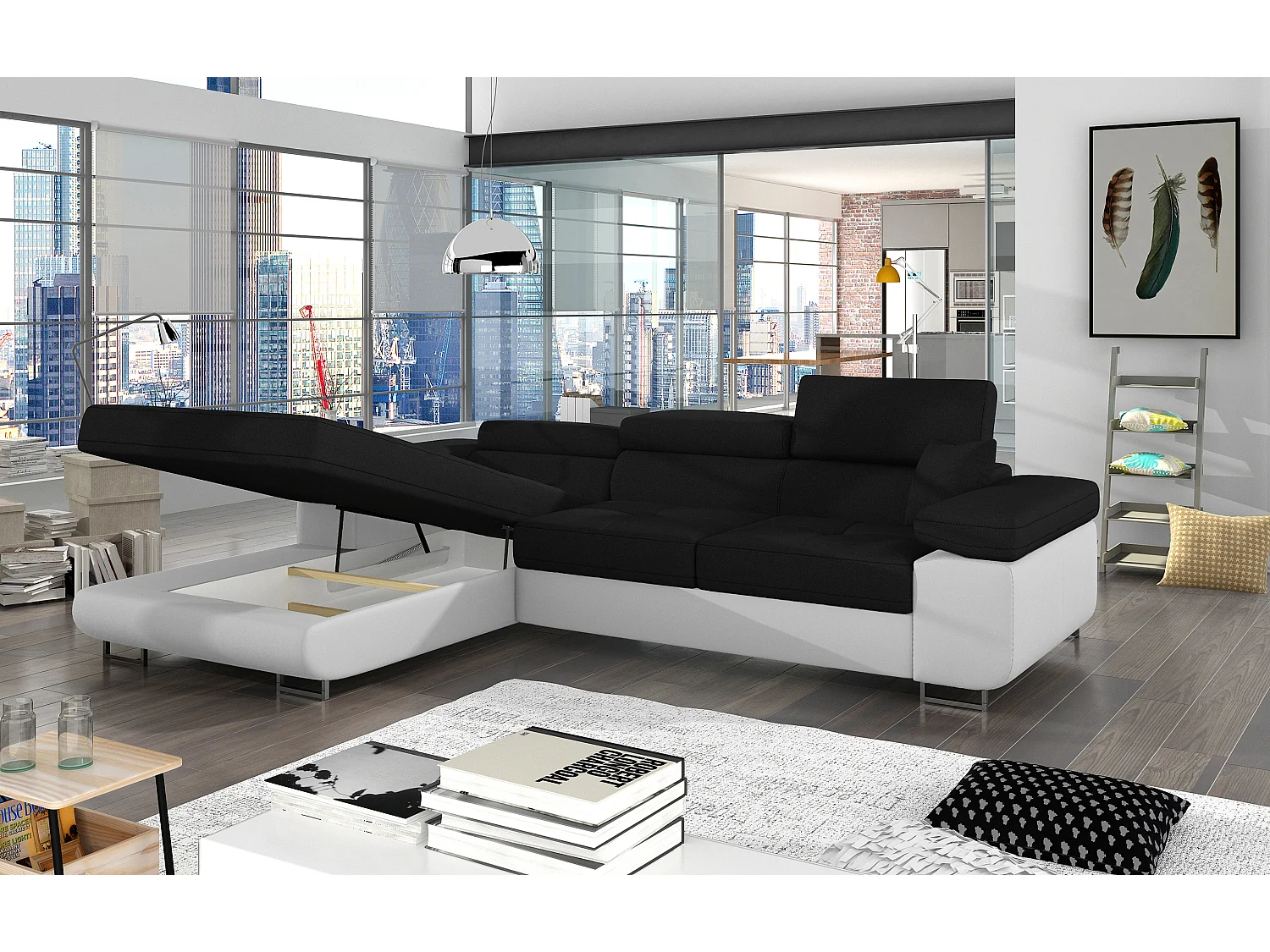 Canapé d'angle convertible Bi matière appuis-tête réglables KALIZO - Coffre et pieds acier chromé-Blanc/Noir-angle gauche