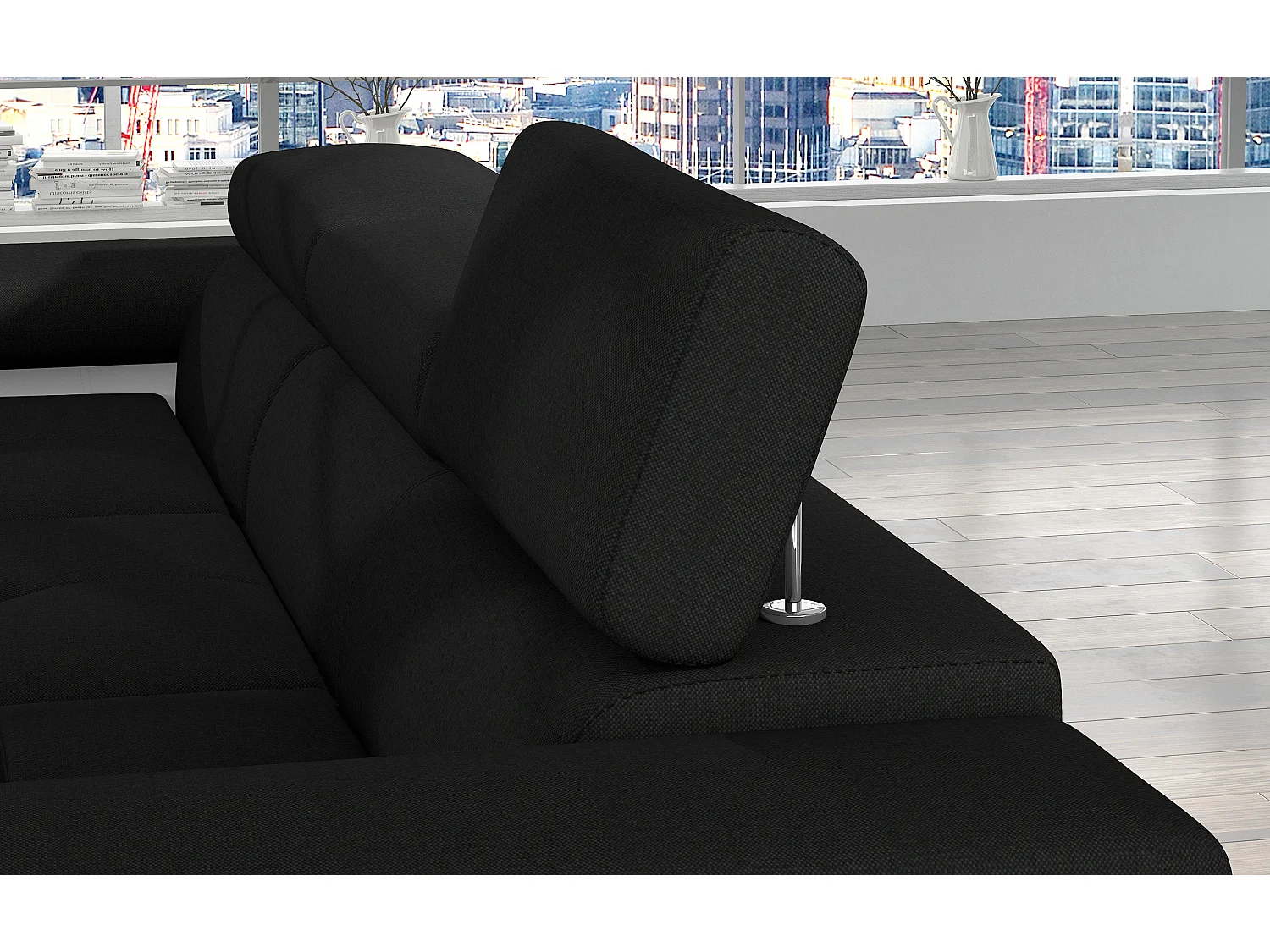 Canapé d'angle convertible Bi matière appuis-tête réglables KALIZO - Coffre et pieds acier chromé-Blanc/Noir-angle gauche