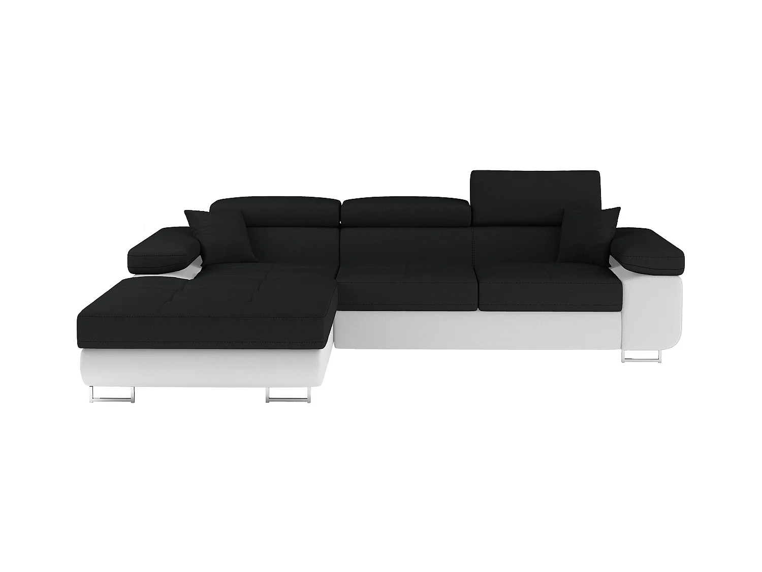 Canapé d'angle convertible Bi matière appuis-tête réglables KALIZO - Coffre et pieds acier chromé-Blanc/Noir-angle gauche