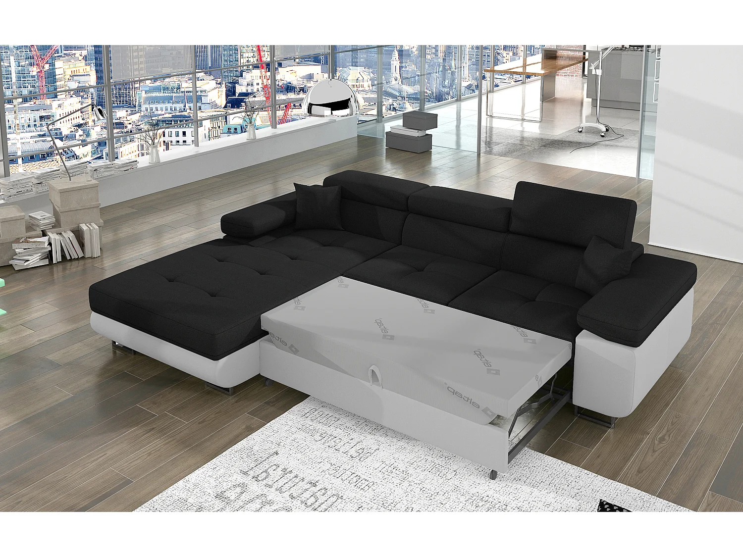 Canapé d'angle convertible Bi matière appuis-tête réglables KALIZO - Coffre et pieds acier chromé-Blanc/Noir-angle gauche