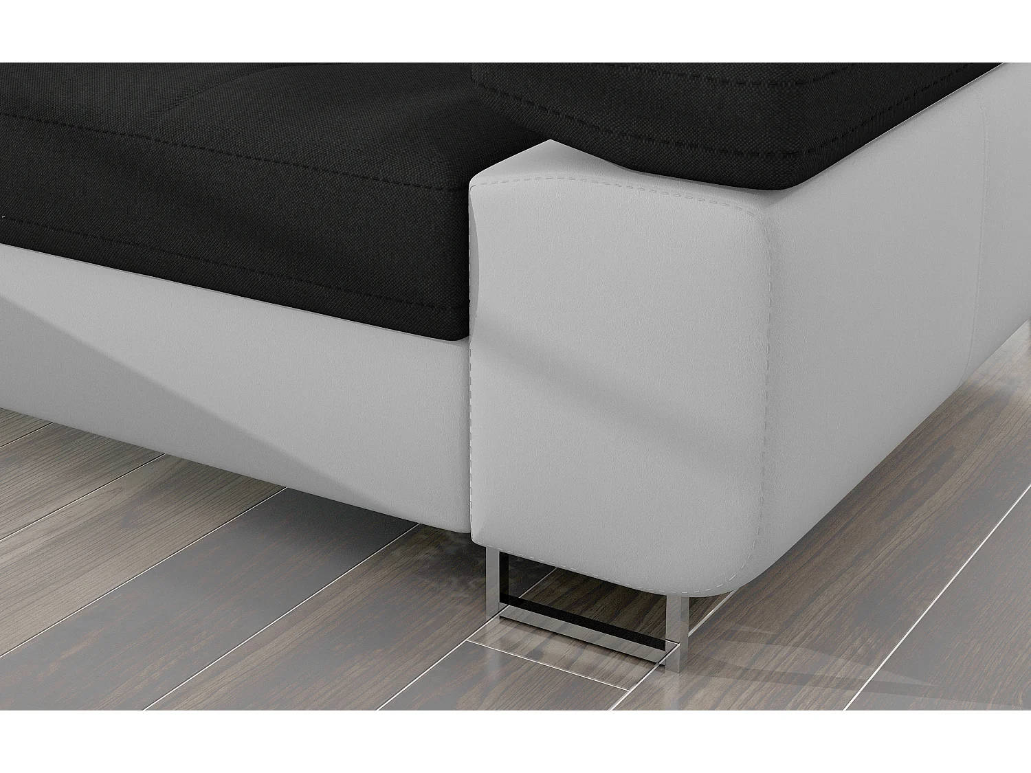 Canapé d'angle convertible Bi matière appuis-tête réglables KALIZO - Coffre et pieds acier chromé-Blanc/Noir-angle gauche