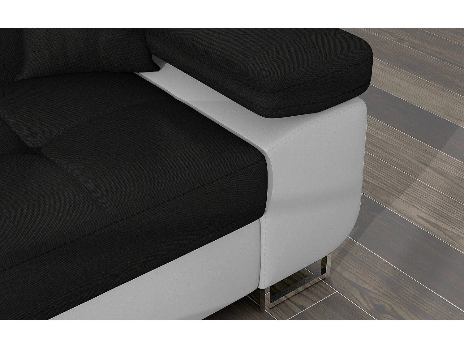 Canapé d'angle convertible Bi matière appuis-tête réglables KALIZO - Coffre et pieds acier chromé-Blanc/Noir-angle gauche