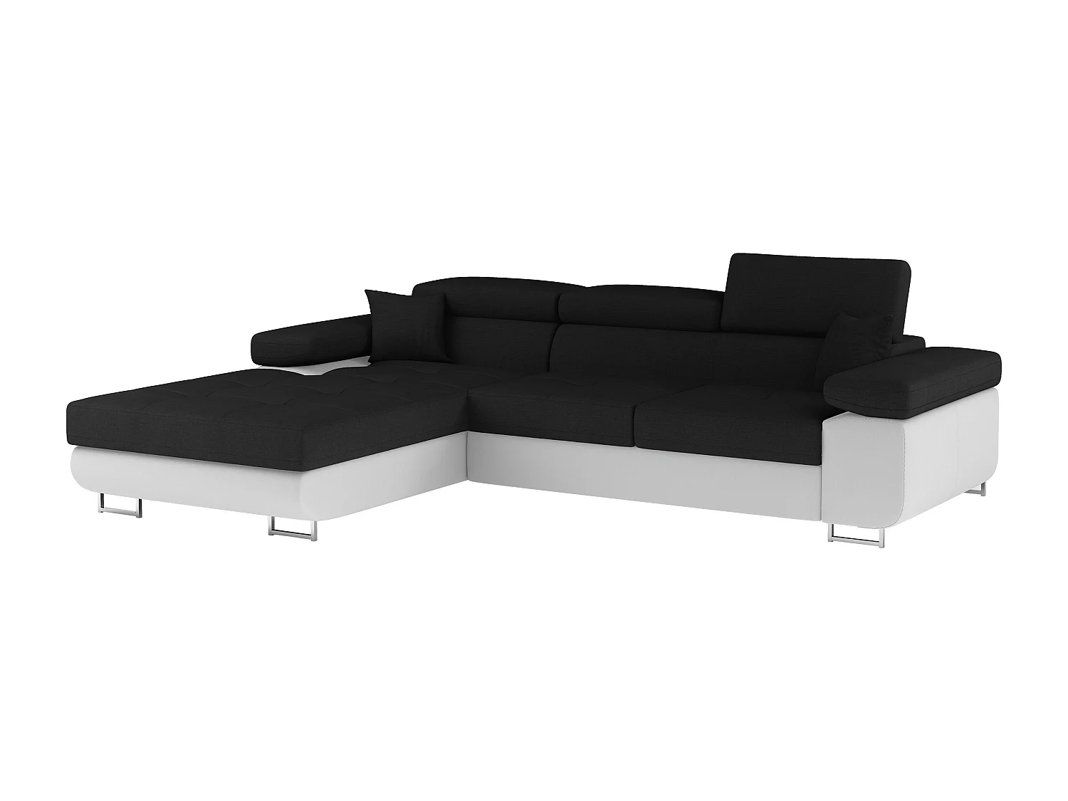 Canapé d'angle convertible Bi matière appuis-tête réglables KALIZO - Coffre et pieds acier chromé-Blanc/Noir-angle gauche