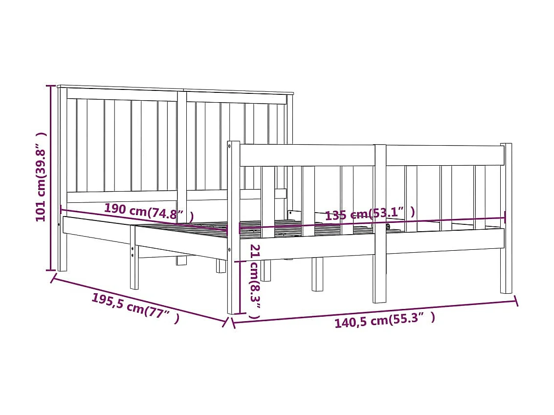 Lit Bois de pin massif 135x190 Double 2