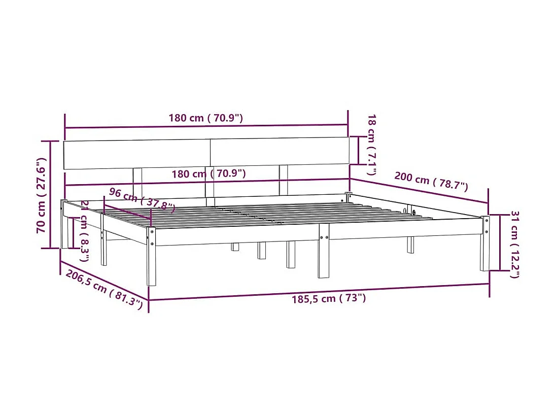 Lit Blanc Bois de pin massif 180x200 UK Super King
