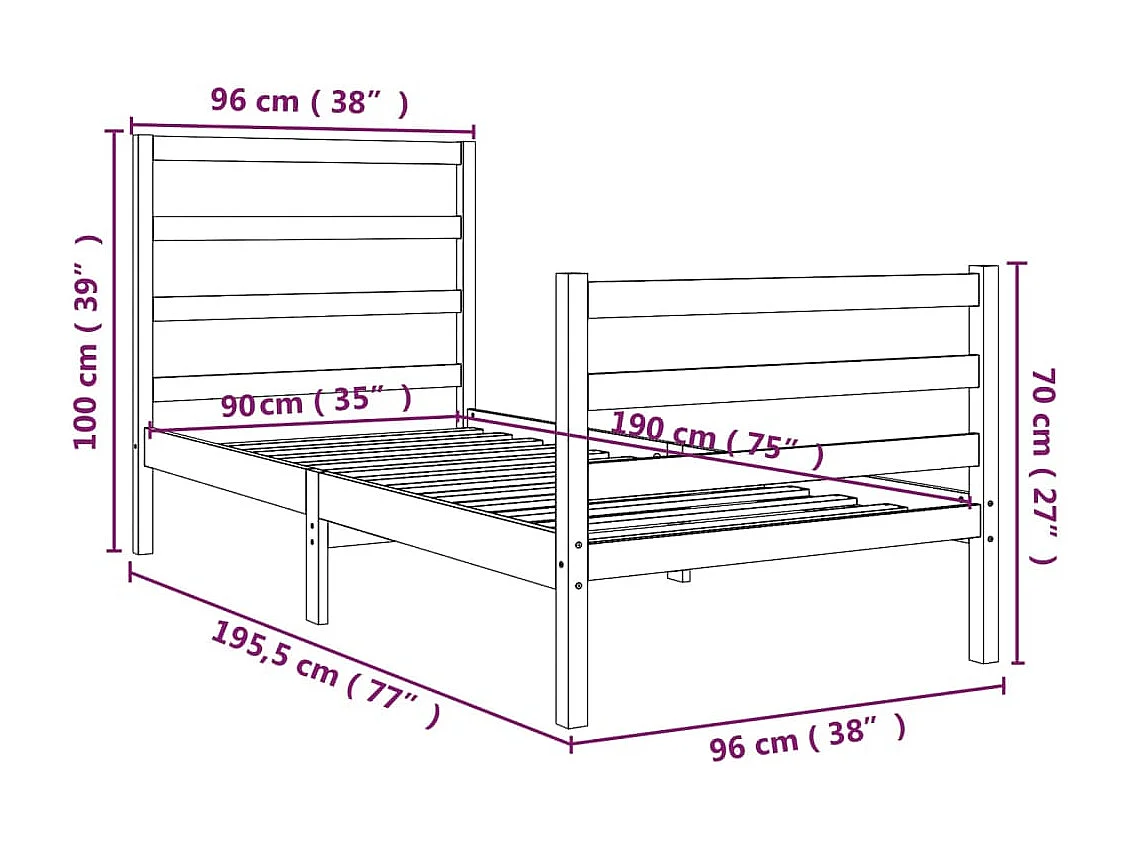 Lit Bois de pin massif 90x190 Simple 2