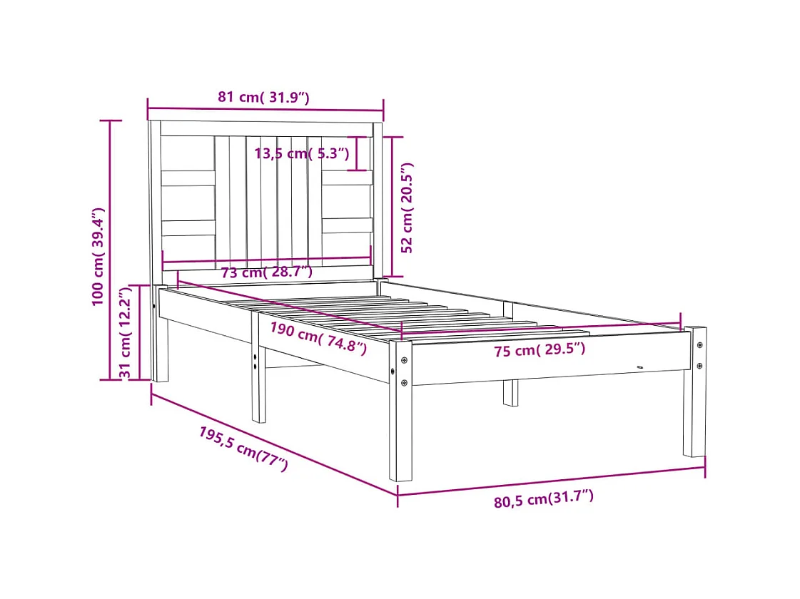 Estructura de cama individual madera maciza negra 75x190 cm
