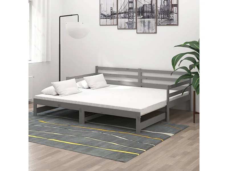 Lit coulissant Gris Bois de pin massif 2x(90x200) cm 4