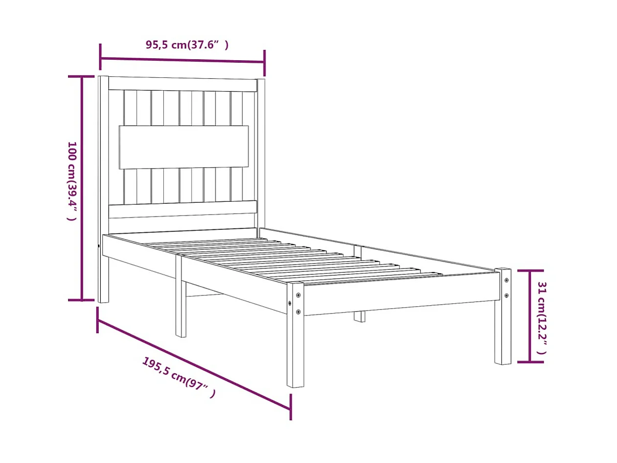 Bedframe massief grenenhout zwart 90x190 cm