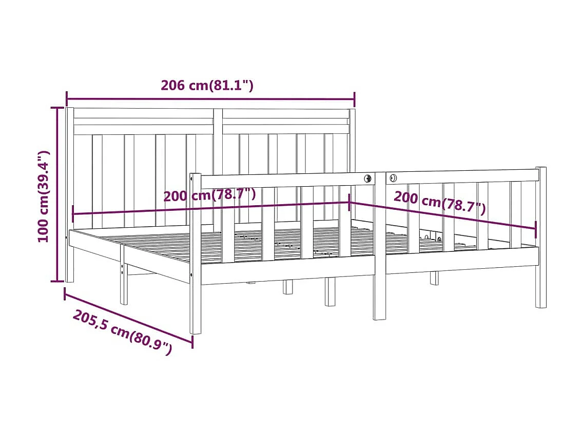 Lit Noir Bois de pin massif 200x200 9