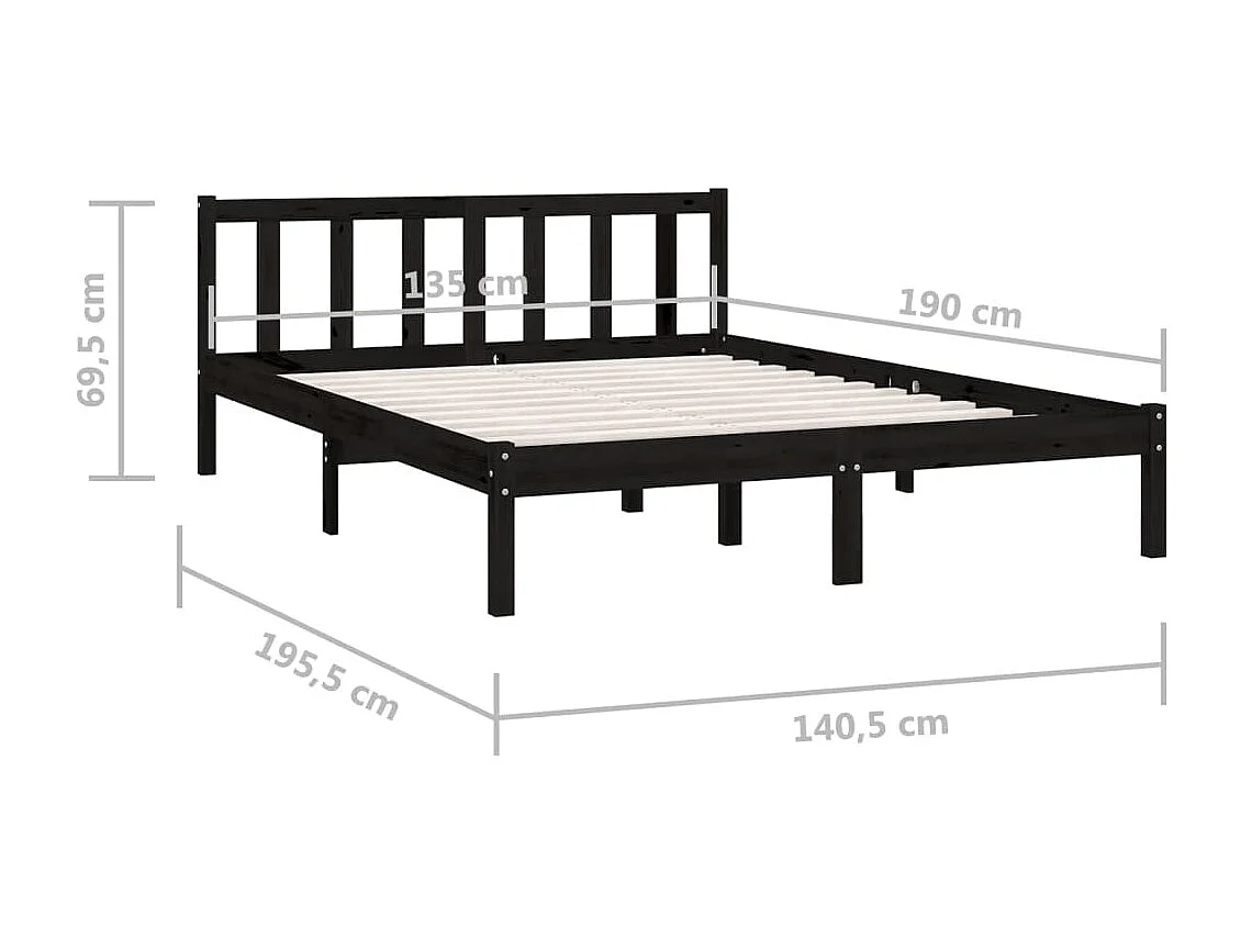 Lit Noir Bois de pin massif 135x190 UK Double