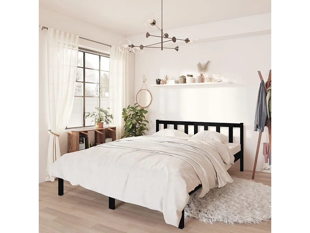 Lit Noir Bois de pin massif 135x190 UK Double