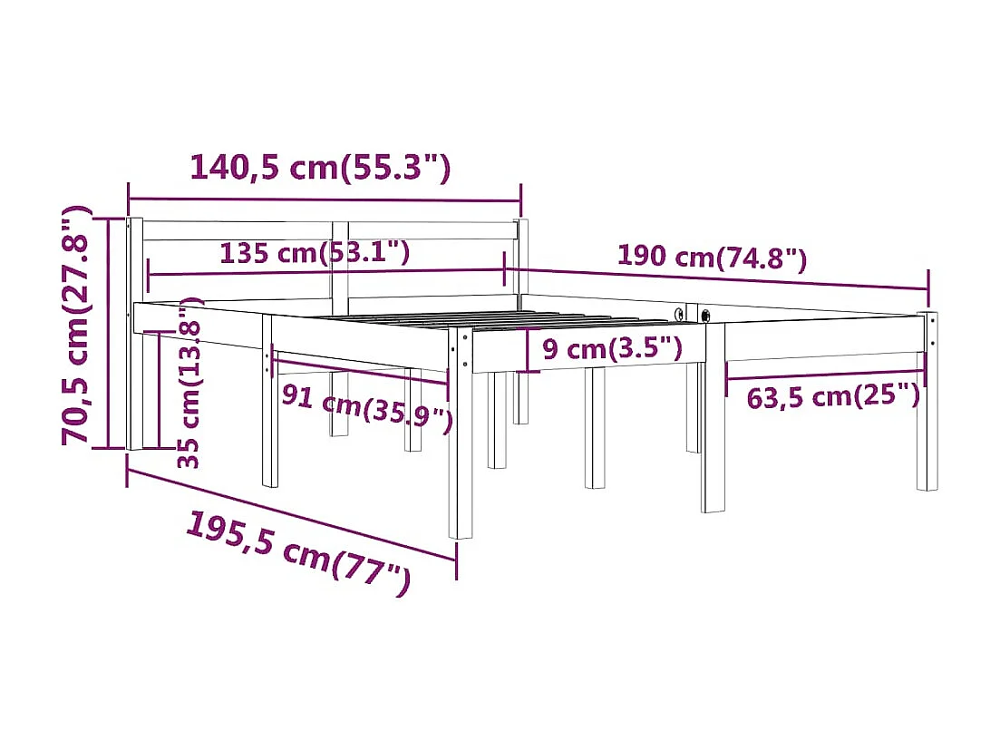 Lit Blanc Bois de pin massif 135x190 Double
