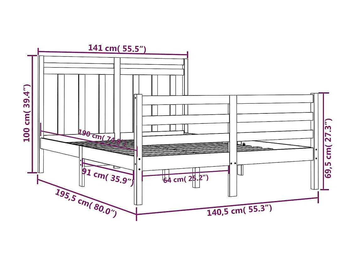 Lit Blanc Bois massif 135x190 Double 7