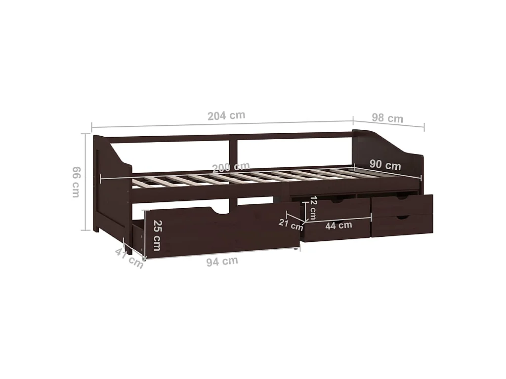Lit de repos 3 places à tiroirs Marron foncé Pin 90x200