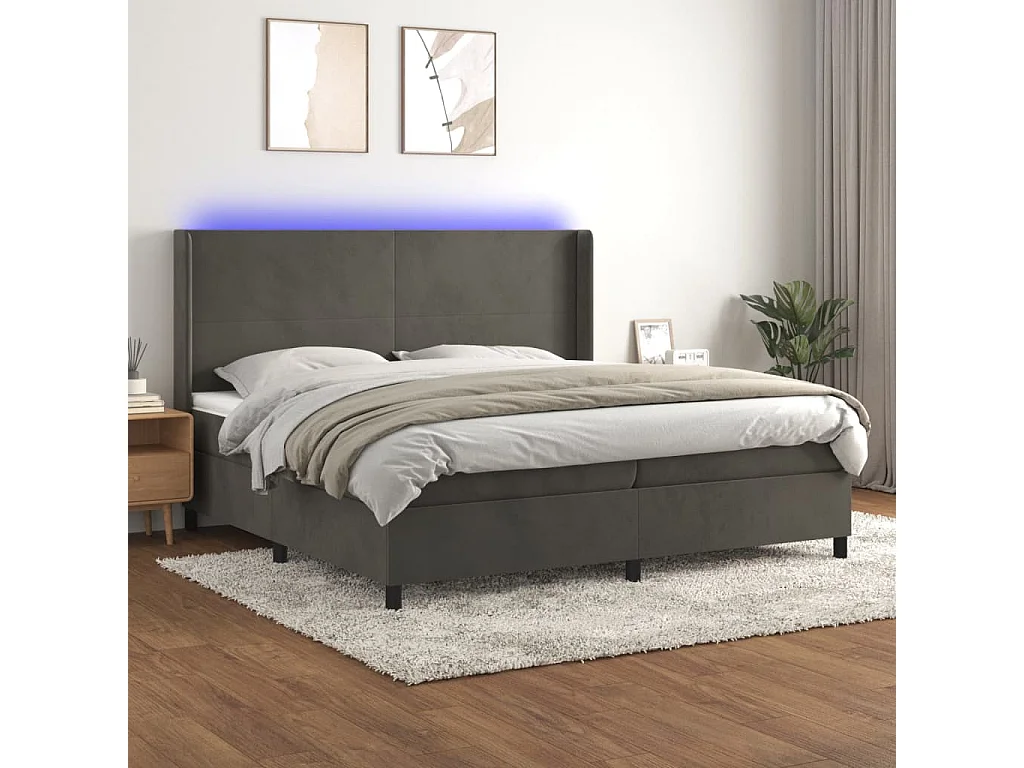 Lit à sommier tapissier matelas et LED Gris foncé 200x200 Velours 3