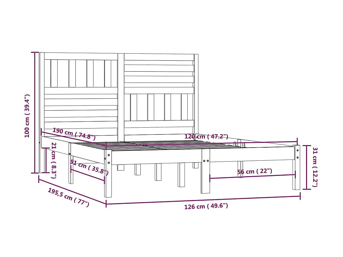 Lit Bois de pin massif 120x190 Petit Double 2