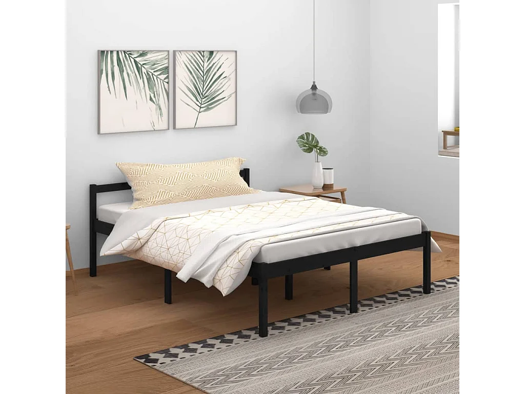 Lit Noir Bois de pin massif 150x200 Très grand